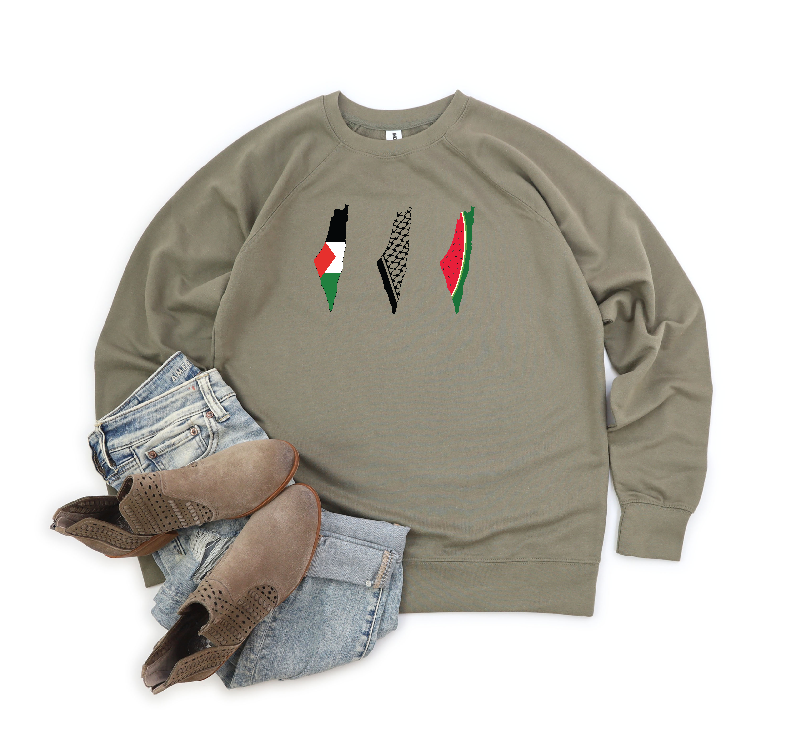 Palestine Map Trio Olive Lightweight Crewneck